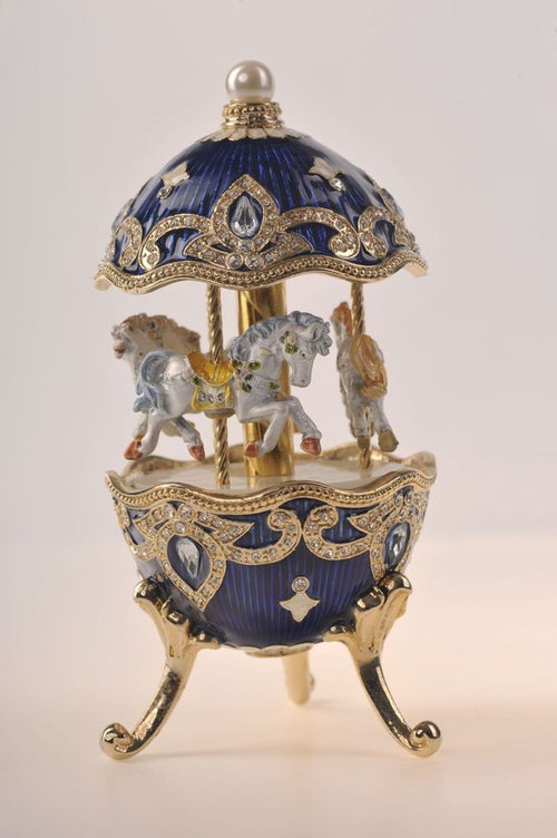 Blue Wind up Horse Carousel Faberge Egg
