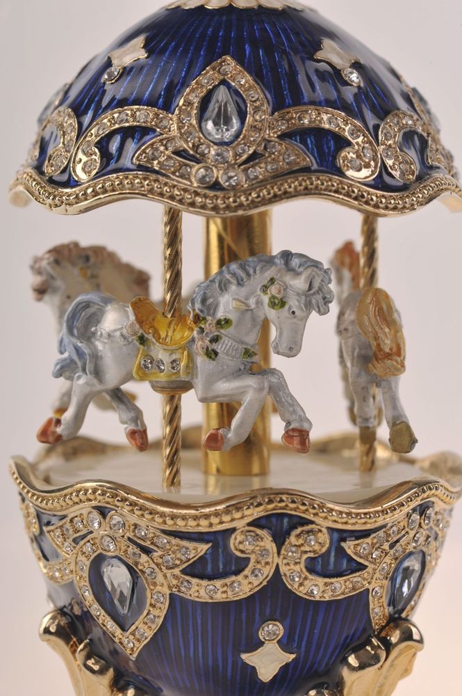 Blue Wind up Horse Carousel Faberge Egg