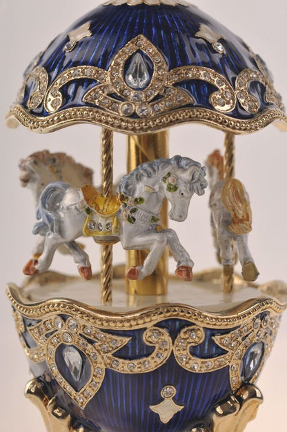 Blue Wind up Horse Carousel Faberge Egg