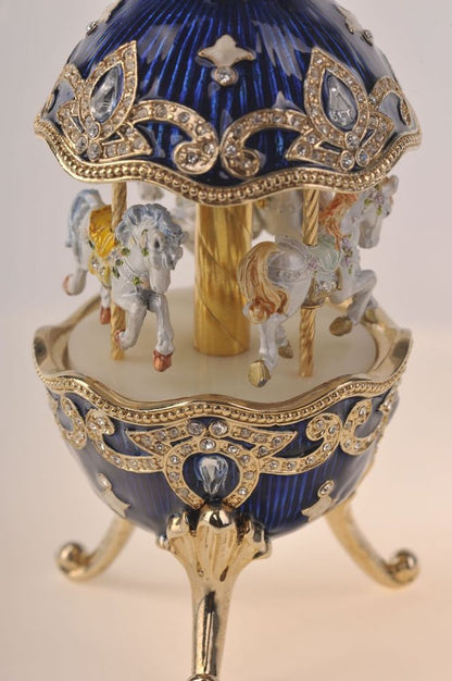Blue Wind up Horse Carousel Faberge Egg